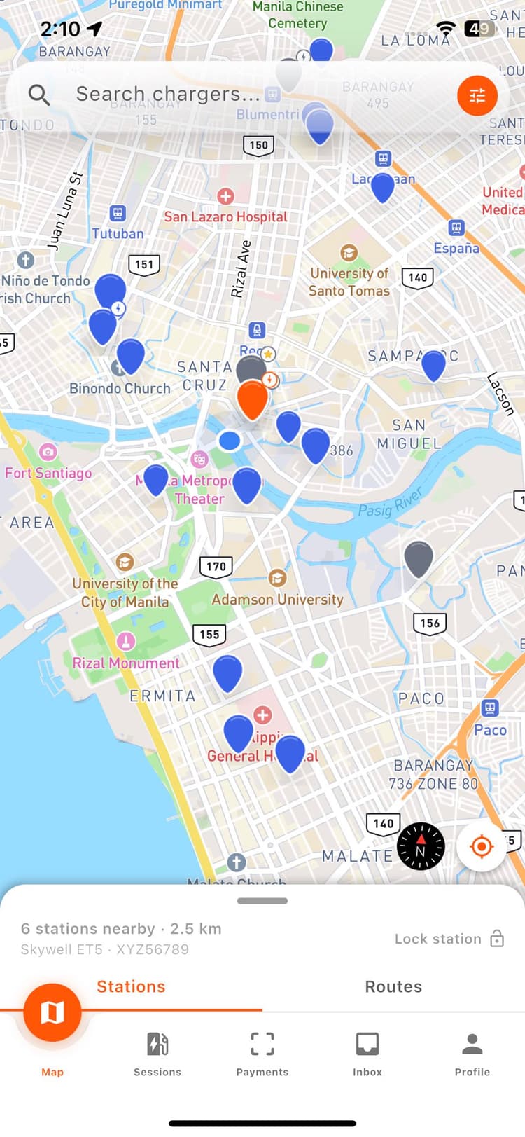 OMI live charger map with nearby stations across Manila