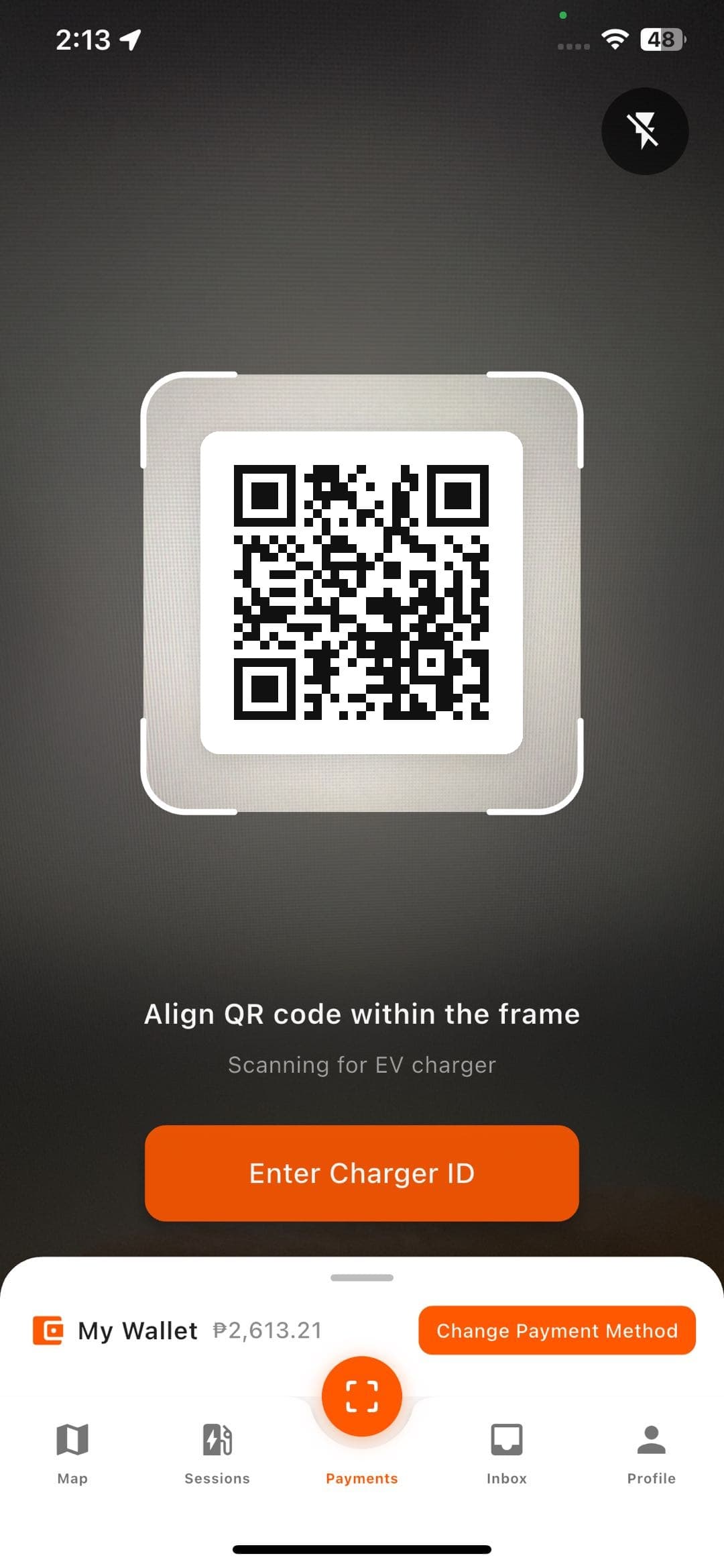 OMI QR scanner aligning a charger code inside the scan frame