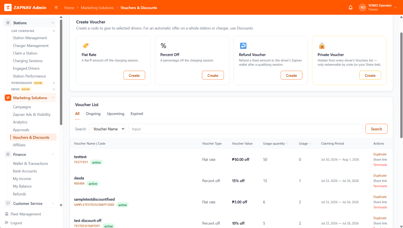 OMI operator portal — Vouchers & Discounts: create flat-rate, percent-off, refund, and private vouchers